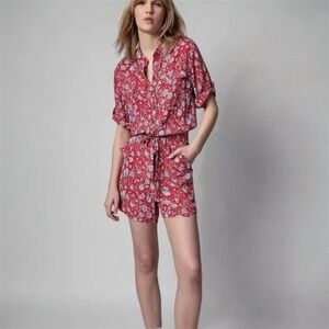 Zadig & Voltaire Cookis Flowers Field Romper Red Floral Button Tie Waist S